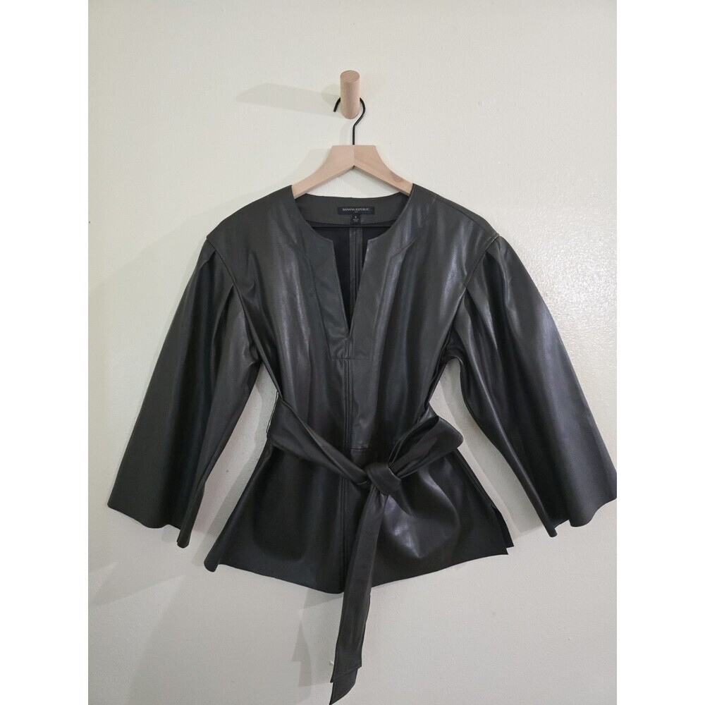 Banana Republic Womens S Olive Faux Leather Belted Tunic Top 3/4 Sleeve - Picture 2 of 13